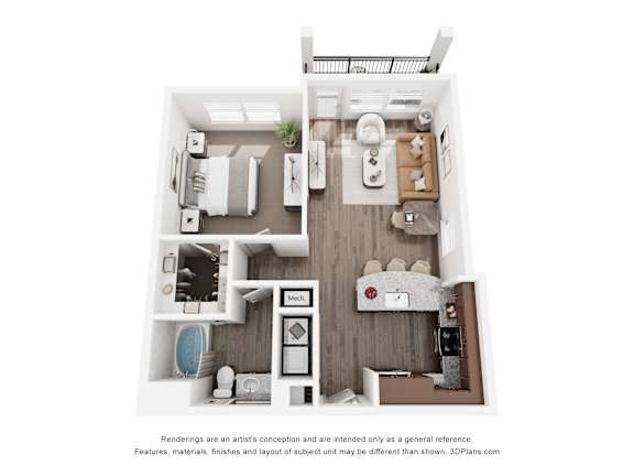 A floor plan of a small apartment with a kitchen, living room, and bathroom.