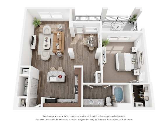 A 3D floor plan of a small apartment with a kitchen, living room, and bathroom.