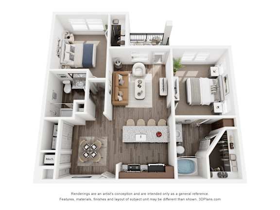 A 3D floor plan of a house with a kitchen, living room, and bathroom.