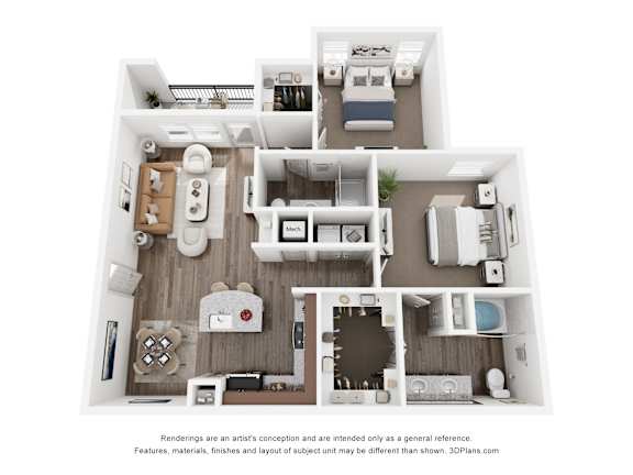 A 3D floor plan of a house with a kitchen, living room, and two bedrooms.