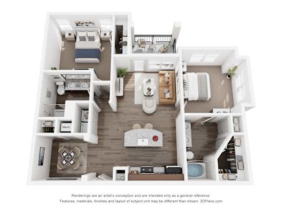 A 3D floor plan of a house with a kitchen, living room, and bathroom.