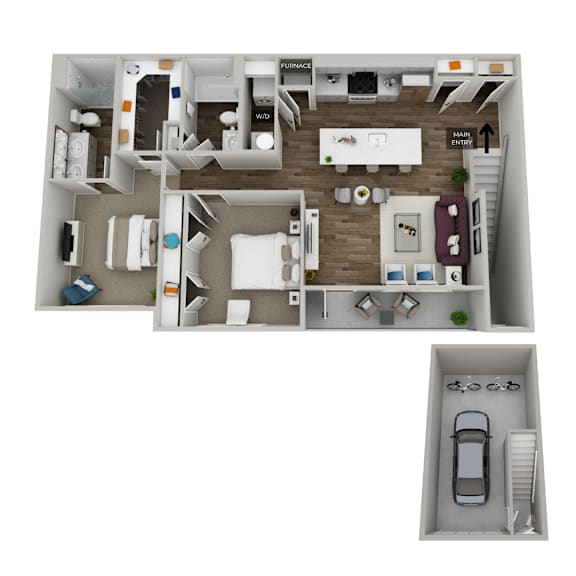 A floor plan of a house with a garage and a car.