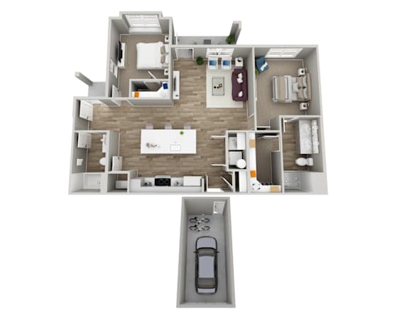 A top down view of a house layout with a garage.