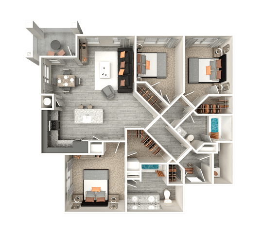 A 3D floor plan of a house with multiple rooms and furniture.