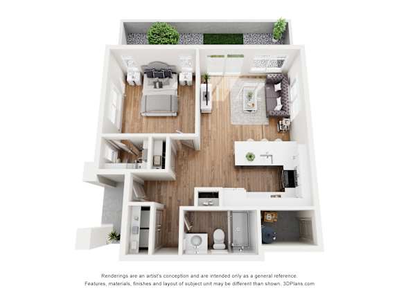 A 3D floor plan of a house with a living room, kitchen, and two bedrooms.