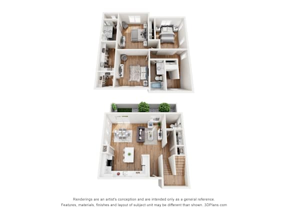Two floor plan images of a house with a kitchen, living room, bedrooms and bathrooms.