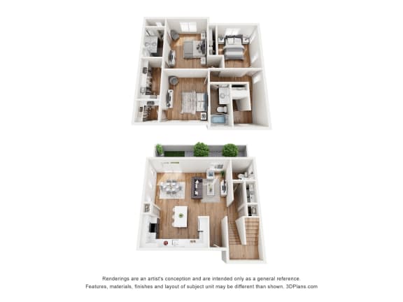a stylized floor plan with a bedroom and a living room