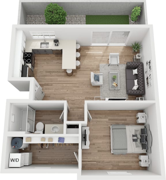 A top-down view of a two-bedroom apartment with a living room, kitchen, and bathroom.