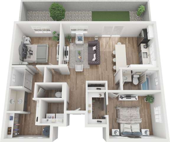 A top-down view of a modern, minimalist apartment layout with a living room, kitchen, and bedroom.