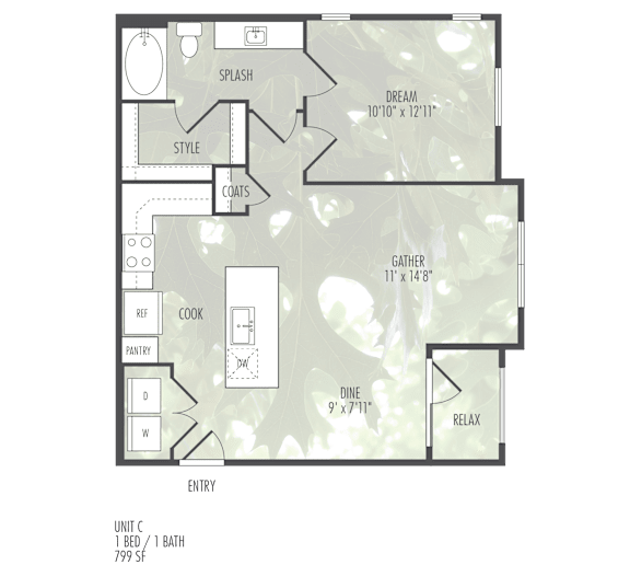 A floor plan of a home with a bathroom, kitchen, dining area, and a living room.
