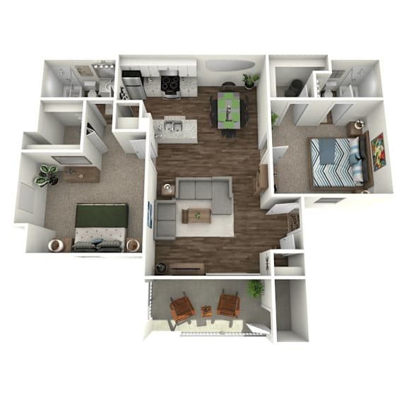 A 3D floor plan of a small apartment with a living room, kitchen, and bedrooms.