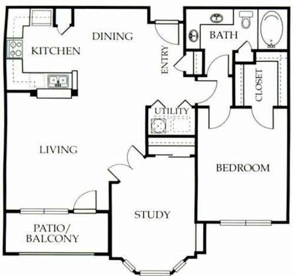 A floor plan of a house with a living room, dining room, kitchen, study, bedroom, bathroom, and closet.