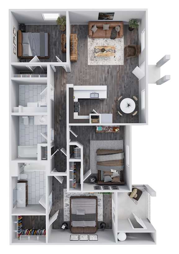 A top-down view of a small apartment with a kitchen, living room, and bedroom.
