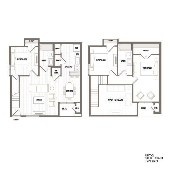 A floor plan of a two-bedroom apartment with a living area, kitchen, and bathroom.