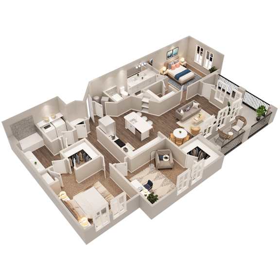 A 3D rendered image of a house layout.