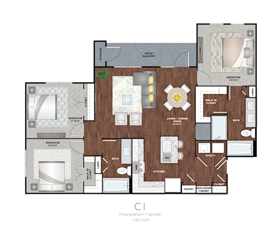A floor plan of a two bedroom apartment.