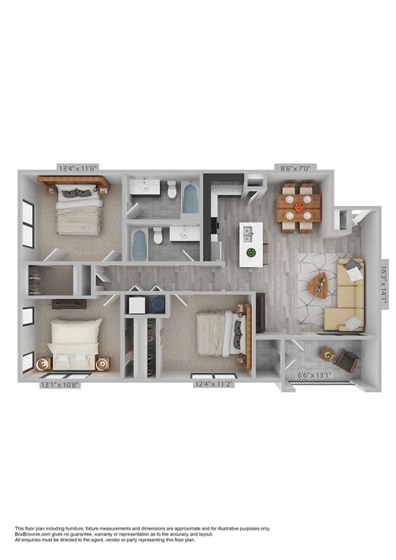 A floor plan of an apartment with dimensions and furniture layout.