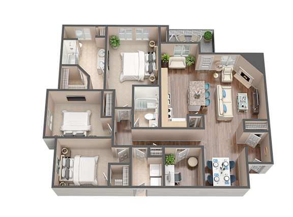 A 3D rendered image of a house layout.