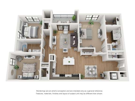 A 3D floor plan of a house with labeled rooms.