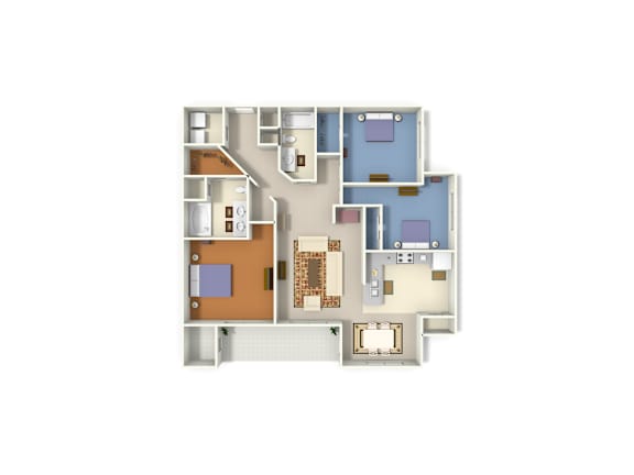 A floor plan of a house with multiple rooms and a kitchen.