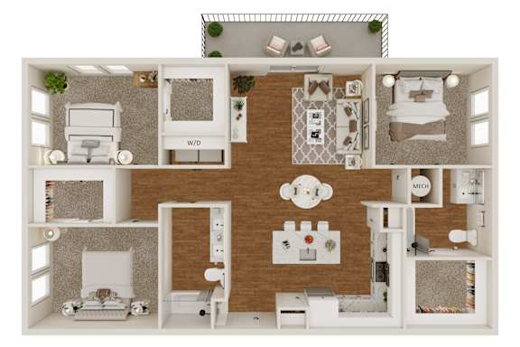 A top-down view of a house layout with labeled rooms.