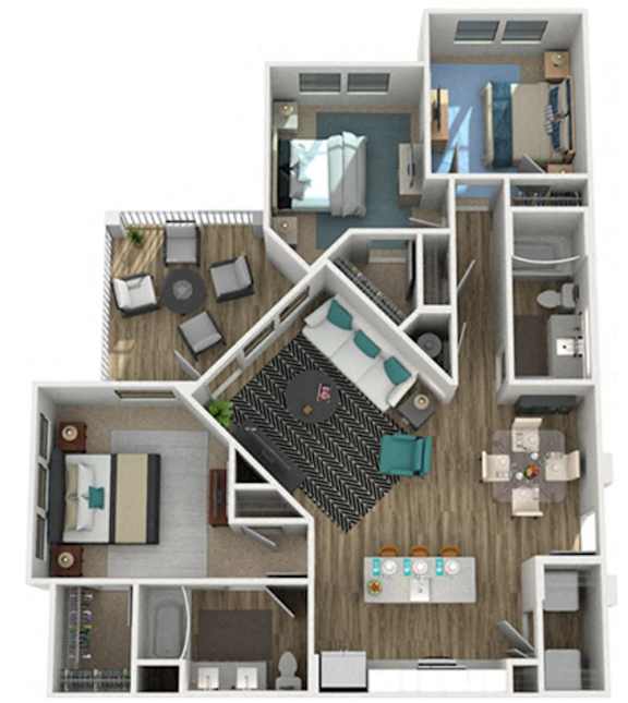 A 3D floor plan of a small apartment with a kitchen, living room, and bedroom.