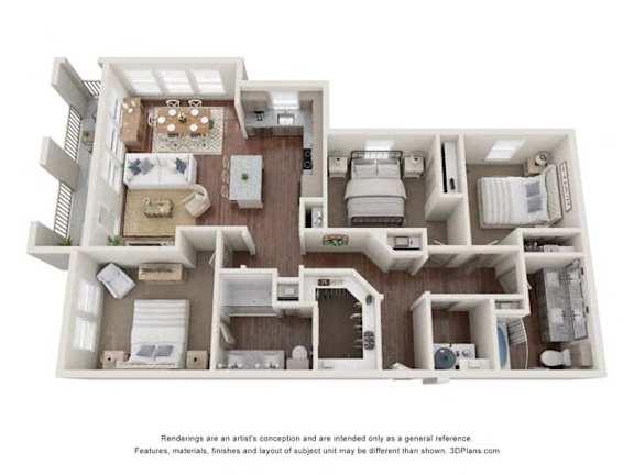 A 3D floor plan of a house with a kitchen, living room, and two bedrooms.