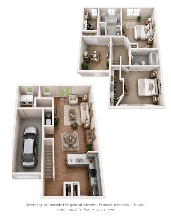A set of three floor plans for a house with a garage and a living room.