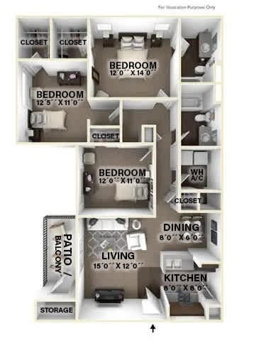 A diagram of a house layout with four bedrooms, a living room, a dining room, a kitchen, a storage area, and a patio.