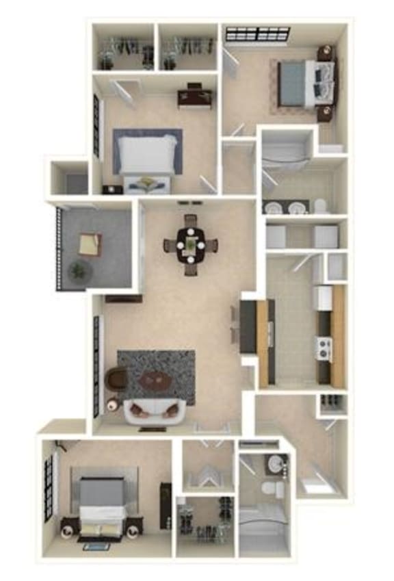 A floor plan of a small apartment with a kitchen, living room, and two bedrooms.
