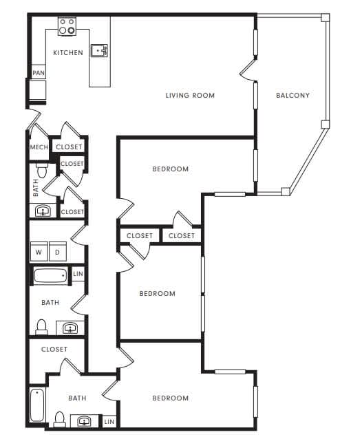 A floor plan of a house with three bedrooms, a living room, a kitchen, and two bathrooms.