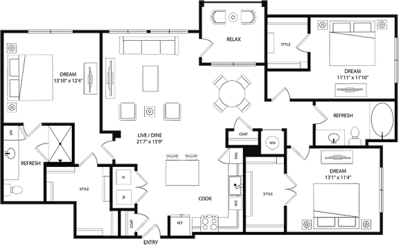 A floor plan of a house with labeled rooms such as "RELAX" and "DREAM".