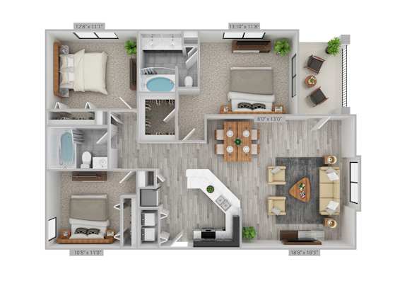 A 3D floor plan of a house with a living room, kitchen, dining room, and bedrooms.
