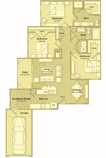 A floor plan of a house with three bedrooms, a living room, a dining room, a kitchen, a breakfast/study area, and a garage.