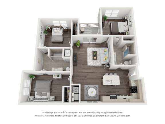 A 3D floor plan of a house with a living room, kitchen, and two bedrooms.