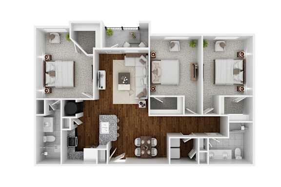 A 3D floor plan of a house with a kitchen, living room, and two bedrooms.