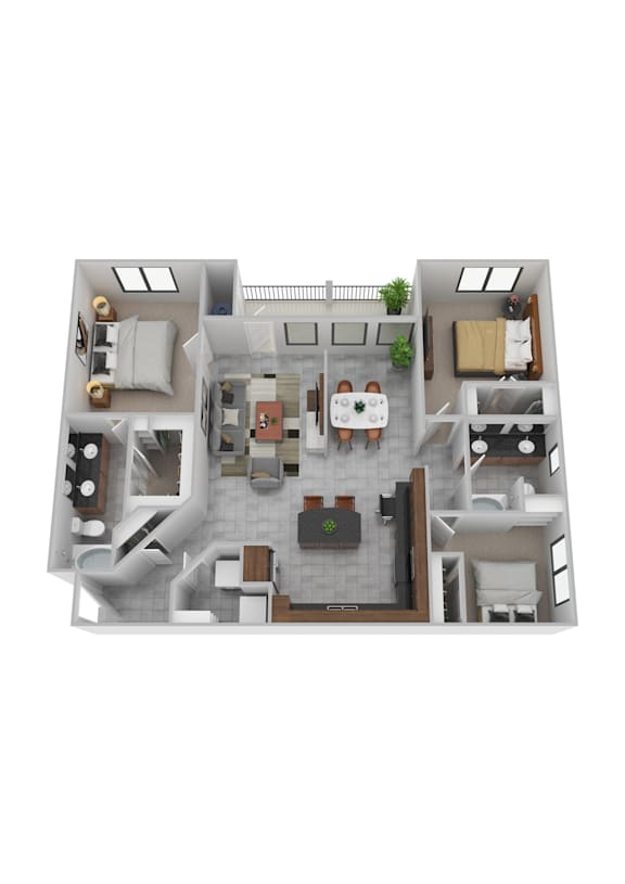A top-down view of a house interior with a kitchen, living room, and two bedrooms.