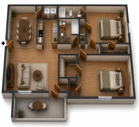 A floor plan of a house with a living room, dining room, kitchen, and bathrooms.