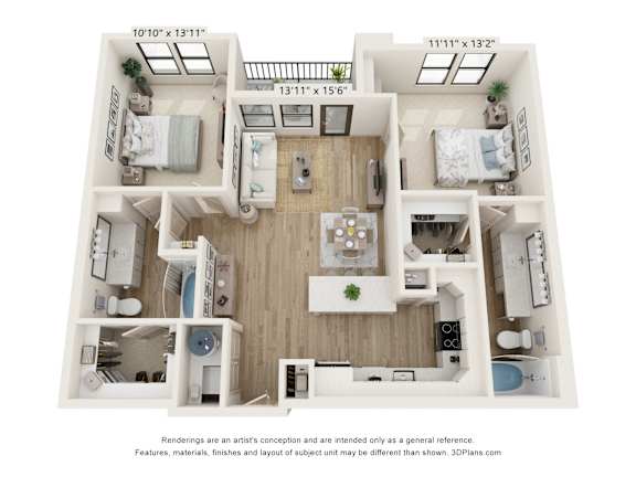 A 3D floor plan of a two-bedroom apartment with a living room, kitchen, and bathroom.