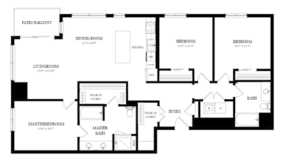 A black and white floor plan of a house with a master bedroom and a living room.