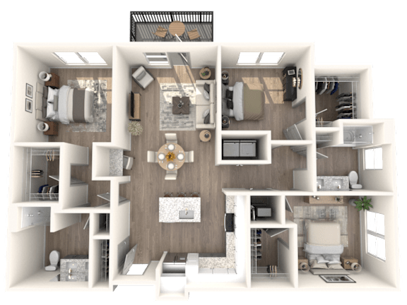 A detailed 3D floor plan of a house showing all rooms and their furnishings.