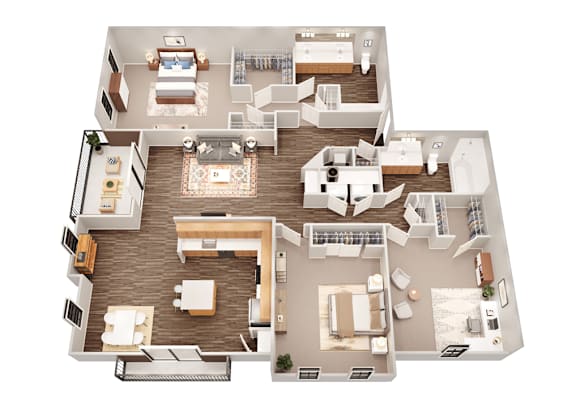 A top-down view of a house interior with a living room, kitchen, and dining area.