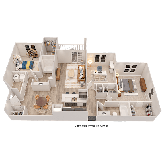 A 3D floor plan of a house with an optional attached garage.