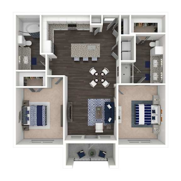 A top-down view of a small apartment with a kitchen, living room, and bedroom.