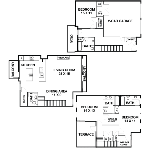 A floor plan of a house with a living room, two bedrooms, a kitchen, a dining area, a terrace, and a 2-car garage.