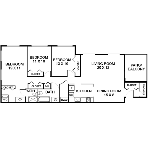 A floor plan of a house with labeled rooms and dimensions.