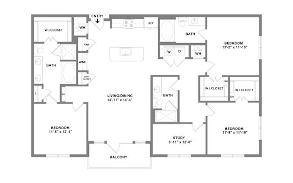 A floor plan of a house with two bathrooms, two bedrooms, a living/dining area, and a balcony.