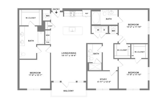 A floor plan of a house with a balcony and three bedrooms.