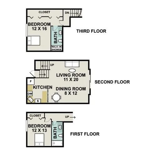 A diagram shows three different floor plans for a house with details on each room.