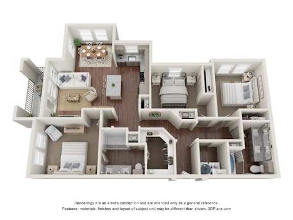 A 3D floor plan of a house with a kitchen, living room, and two bedrooms.